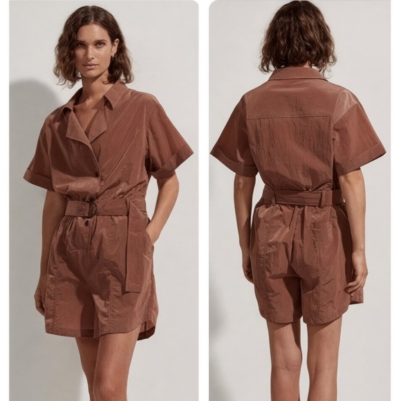 Varley Belted Crinkled Nylon Playsuit Romper Jumpsuit Brown Shimmer NWT $188 - Picture 1 of 12